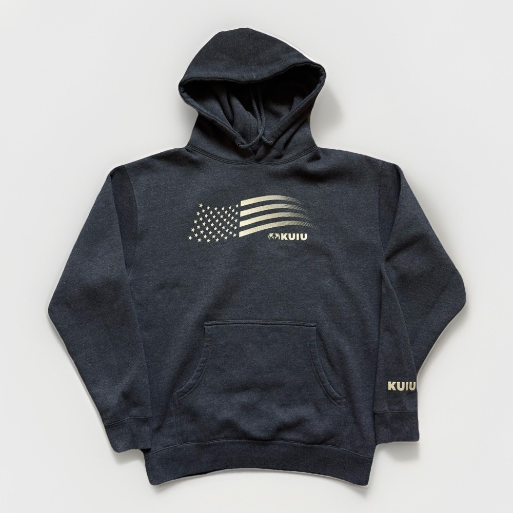 KUIU Heavyweight Flag Hoodie Mens Medium Heather Gray Hunting Outdoors USA Flag
